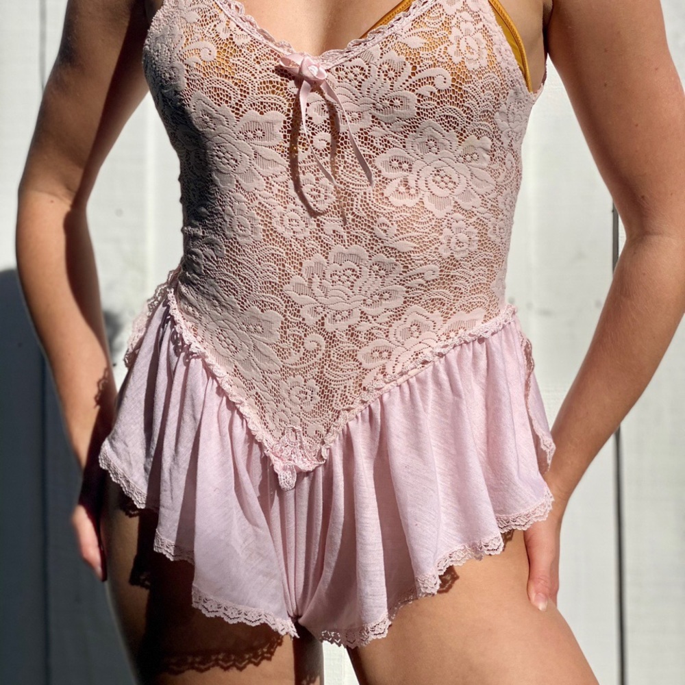 Vintage pink lace teddy.